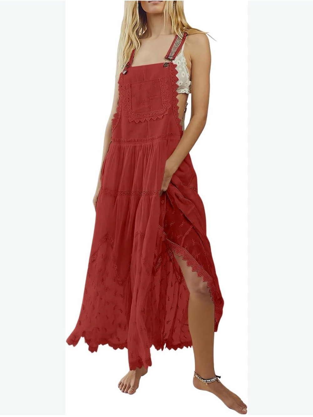 Red Laced Bib Overalls Dress Women’s XL Boho Peasant Praire Festive Folk Whimsi